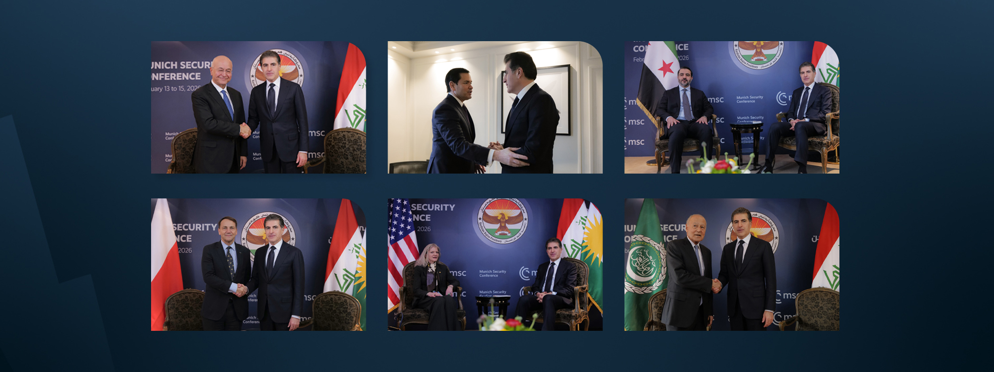 Kurdistan Region President Nechirvan Barzani meets with world leaders on the sidelines of Munich security conference on February 14, 2026. Graphic: Rudaw