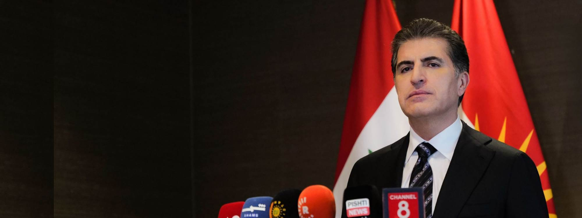 Kurdistan Region President Nechirvan Barzani speaking during a press confernece in Munich on February 15, 2026. Photo: Kurdistan Region Presidency