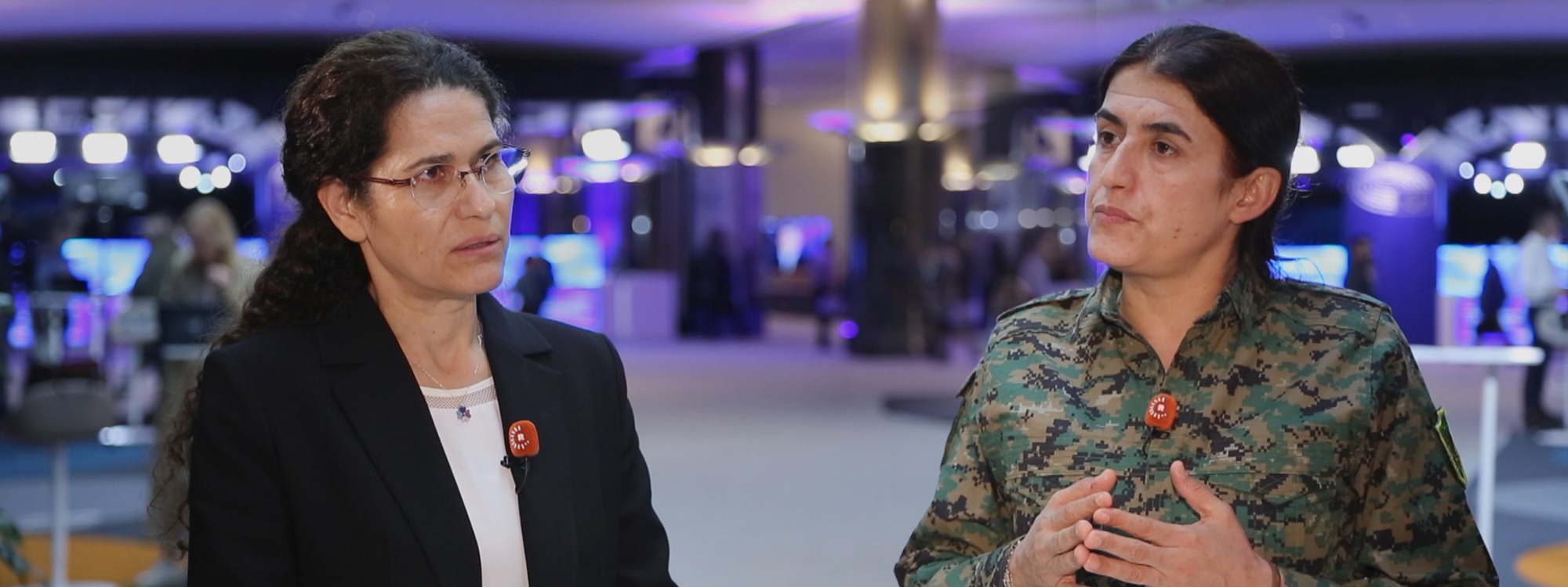 Ilham Ahmad (left), co-chair of the foreign relations office , and Rohilat Afrin, commander-in-chief of the Women's Protection Units (YPJ), speak to Rudaw in Brussels on February 25, 2026. Photo: Screengrab/ Rudaw