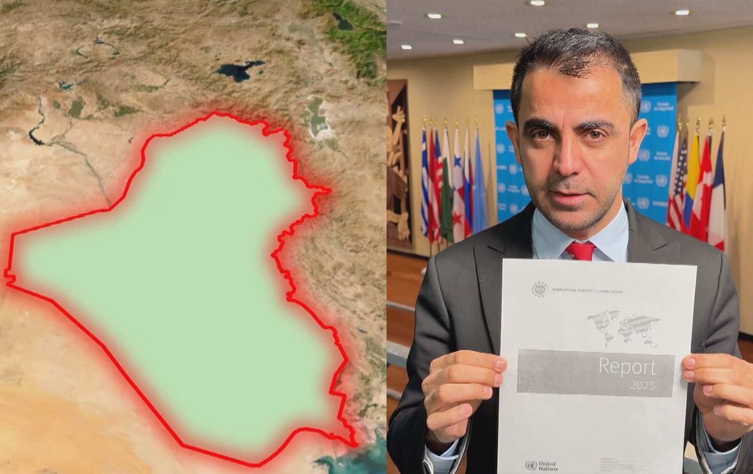 صورة لمراسل رووداو حاملاً التقرير وخارطة العراق