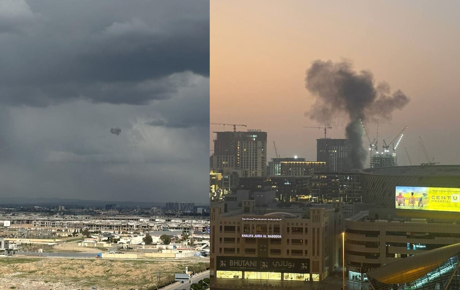 صورتان، إحداهما لإحباط هجوم إيراني في سماء أربيل، والأخرى لهجوم إيراني على دبي