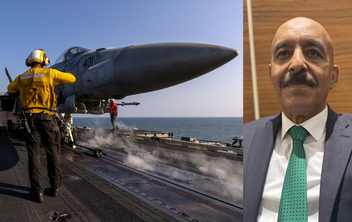 صورة لإحسان القيسون وطائرة على متن الحاملة أيراهام لينكولن