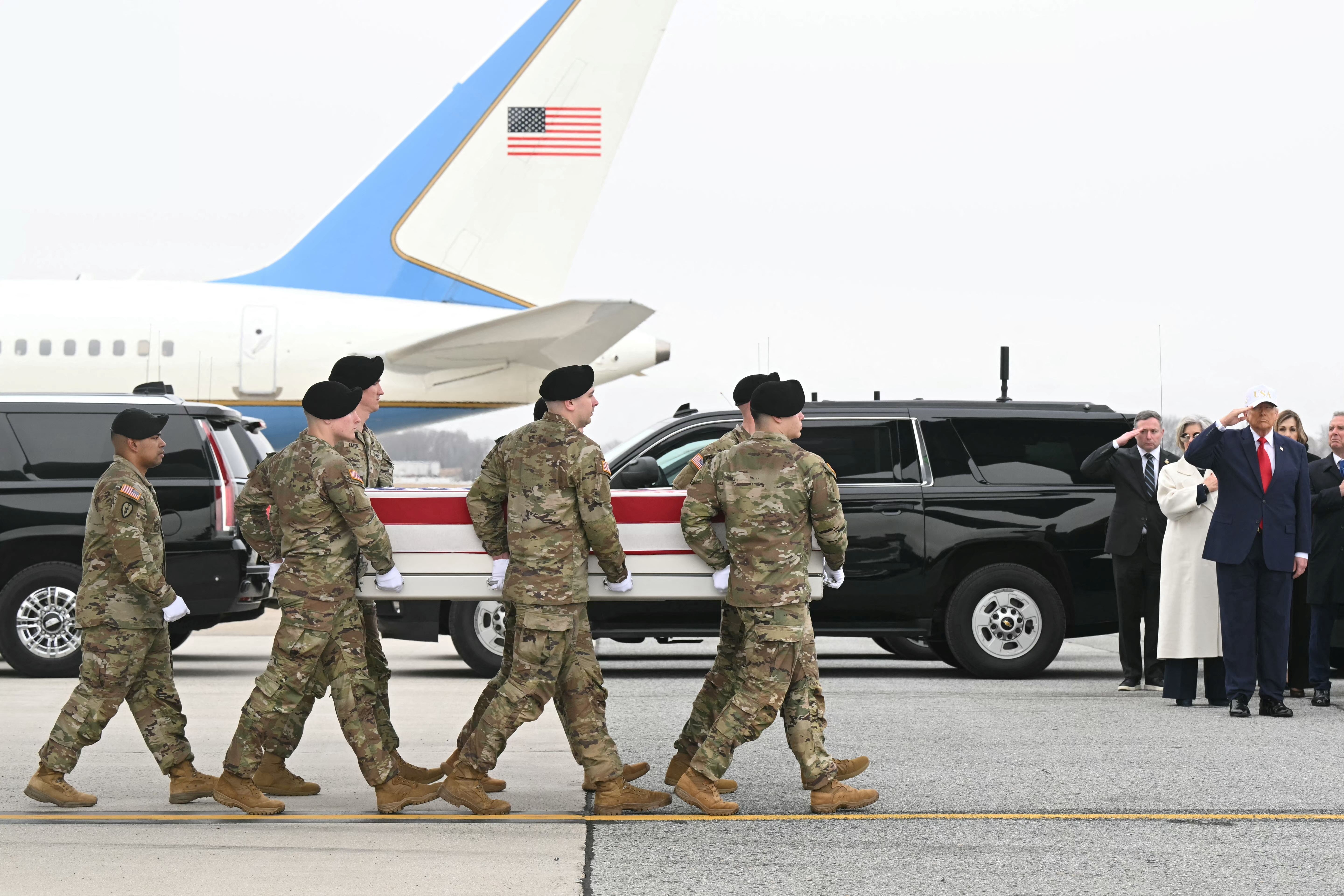 US President Donald Trump on March 7, 2026 joined the families of fallen troops at Dover Air Force Base for the dignified transfer of six US soldiers killed in the war with Iran. Photo: AFP