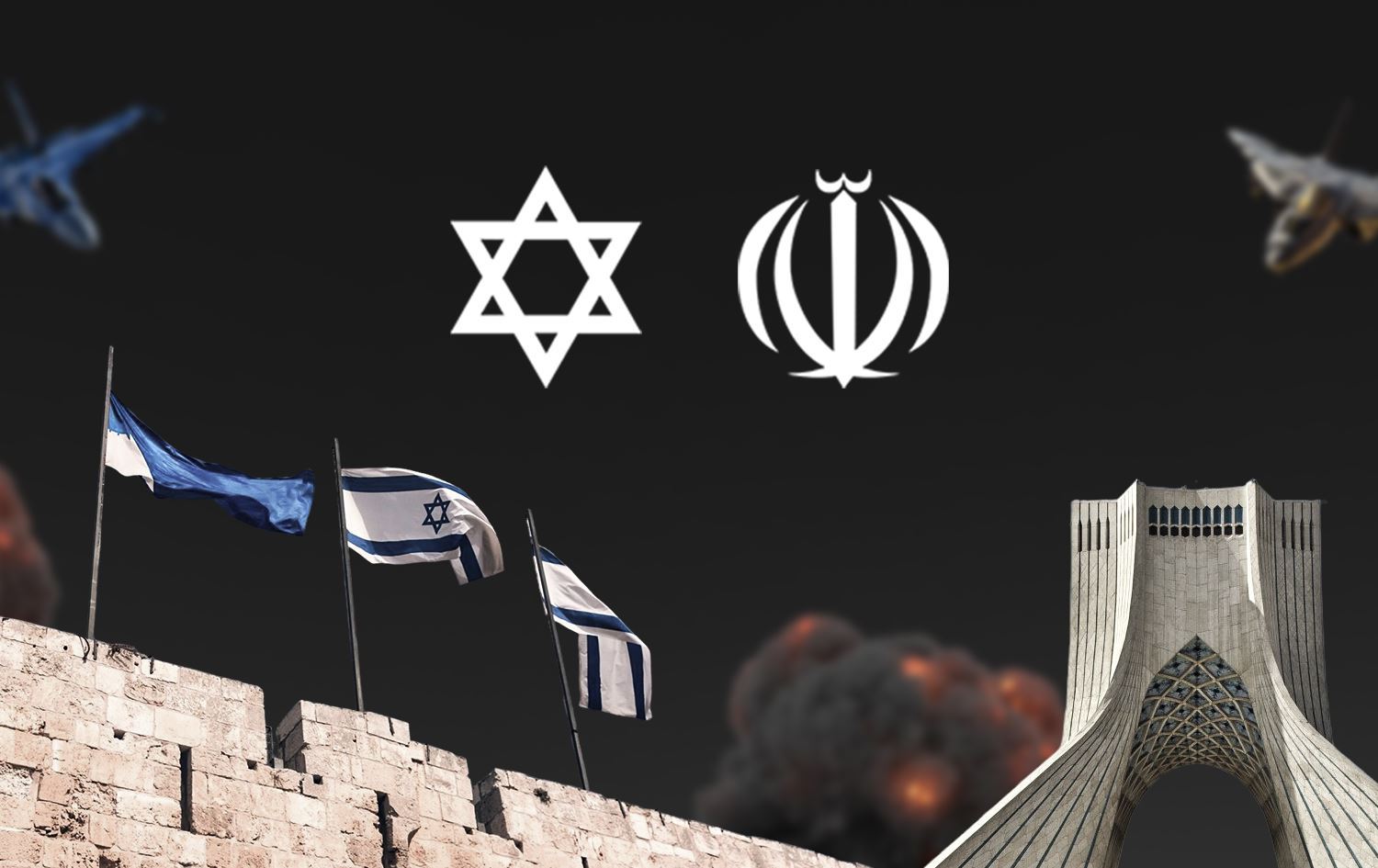 وێنەیەکی گرافیکی وەکو ئاماژەیەک بۆ جەنگی ئێران لەگەڵ ئیسرائیل و ئەمریکا