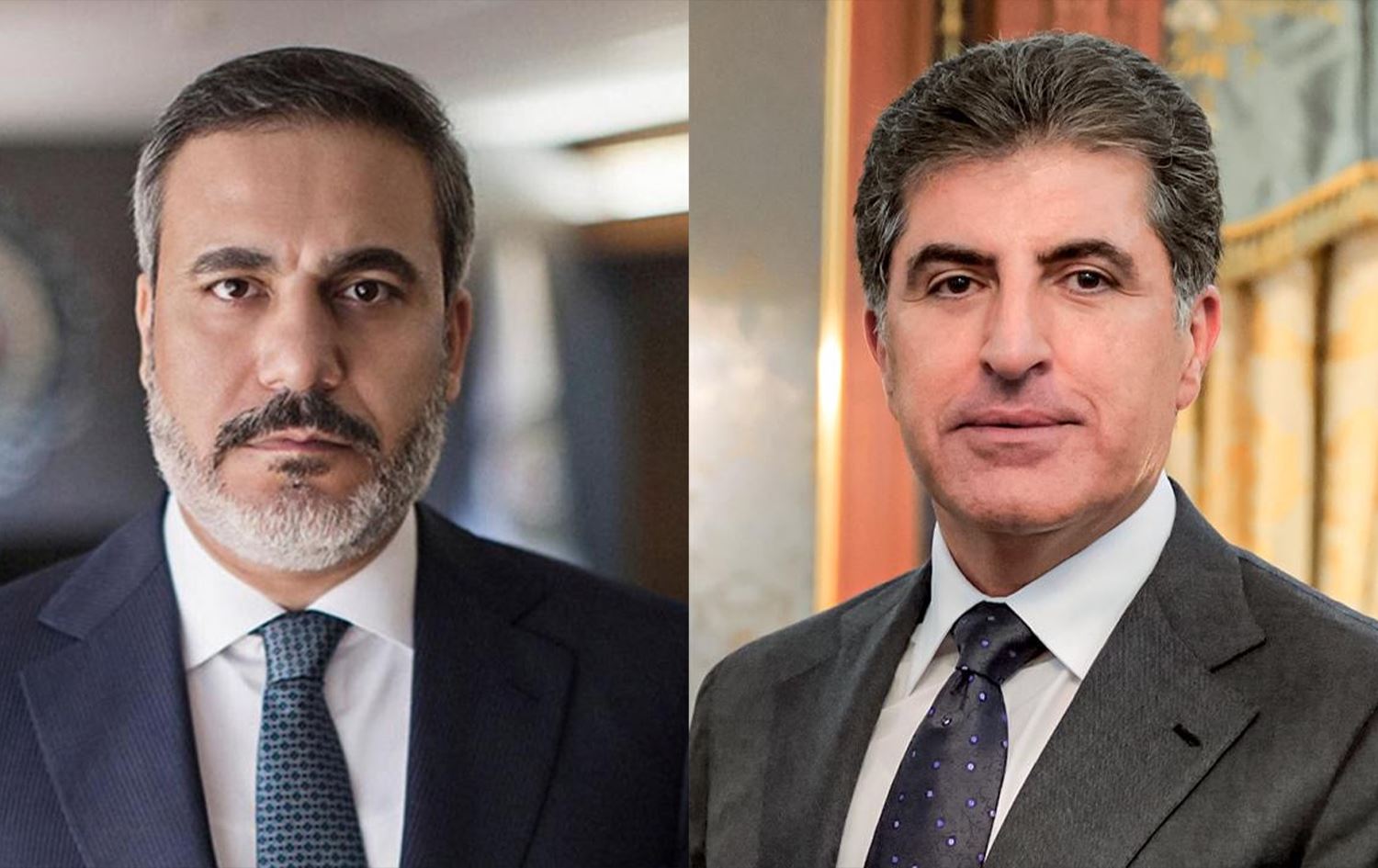 نيجيرفان بارزاني، رئيس إقليم كوردستان، وهاكان فيدان، وزير خارجية تركيا