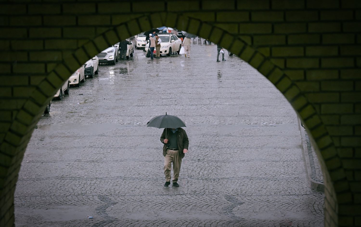 لە هەولێر باران دەبارێت و هاونیشتمانییەک لە پارکی شار چەتری هەڵداوە. وێنە: بڵند تاهیر- رووداو