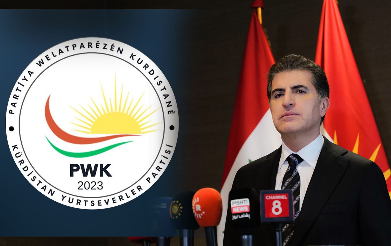Nêçîrvan Barzanî û logoya PWK / Wêne: Rûdaw Grafîk