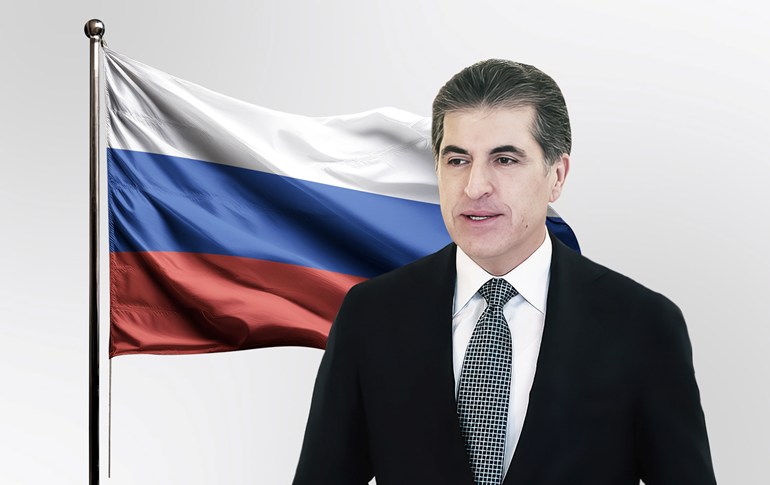 نێچیرڤان بارزانی، سەرۆکی هەرێمی کوردستان و ئاڵای رووسیا. وێنەکە بۆ روونکردنەوەی هەواڵەکە دروستکراوە