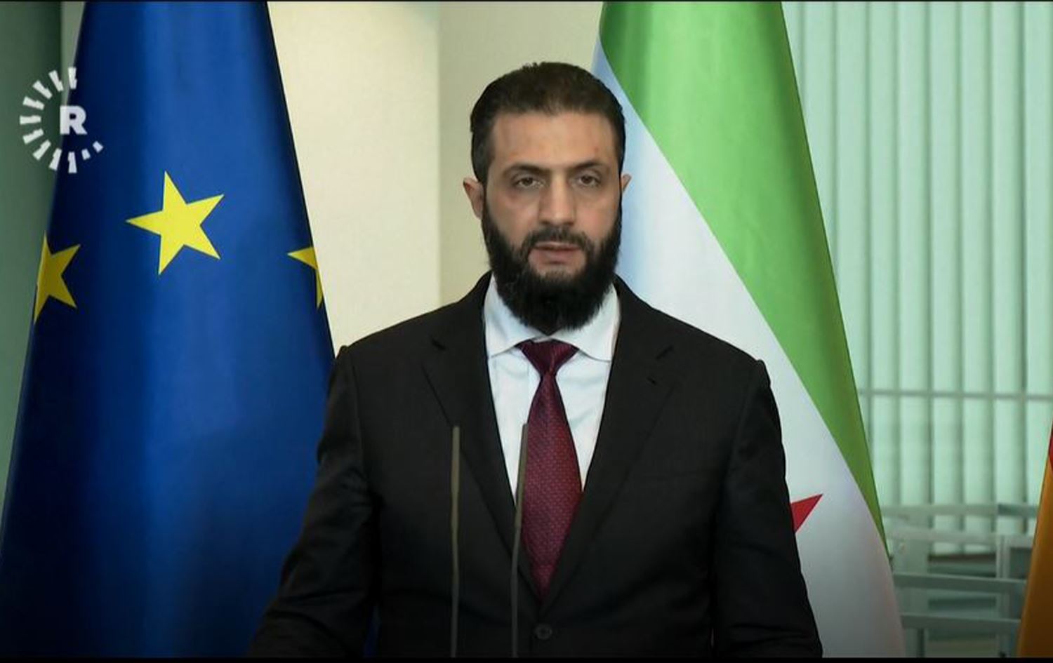 الرئيس السوري، أحمد الشرع، خلال المؤتمر الصحفي في ألمانيا