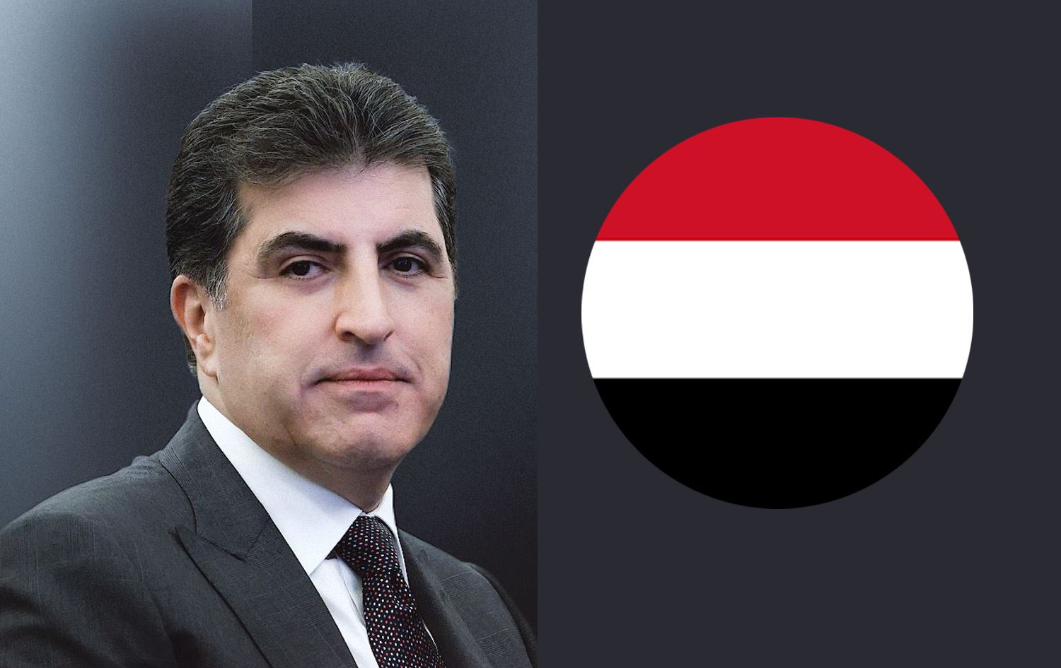 رئيس اقليم كوردستان نيجيرفان بارزاني وعلم الجمهورية اليمنية