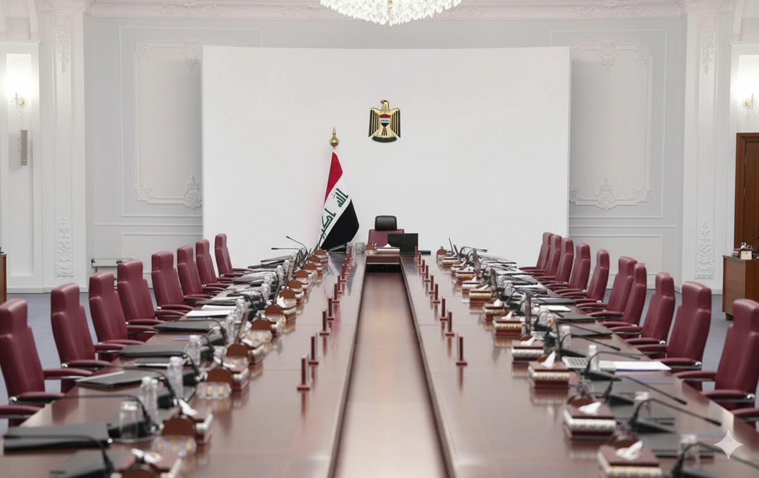 هۆڵی کۆبوونەوەی ئەنجوومەنی وەزیرانی عێراق. وێنەکە لەلایەن دیجیتاڵ میدیای رووداو بە ژیریی دەستکرد دروستکراوەتەوە