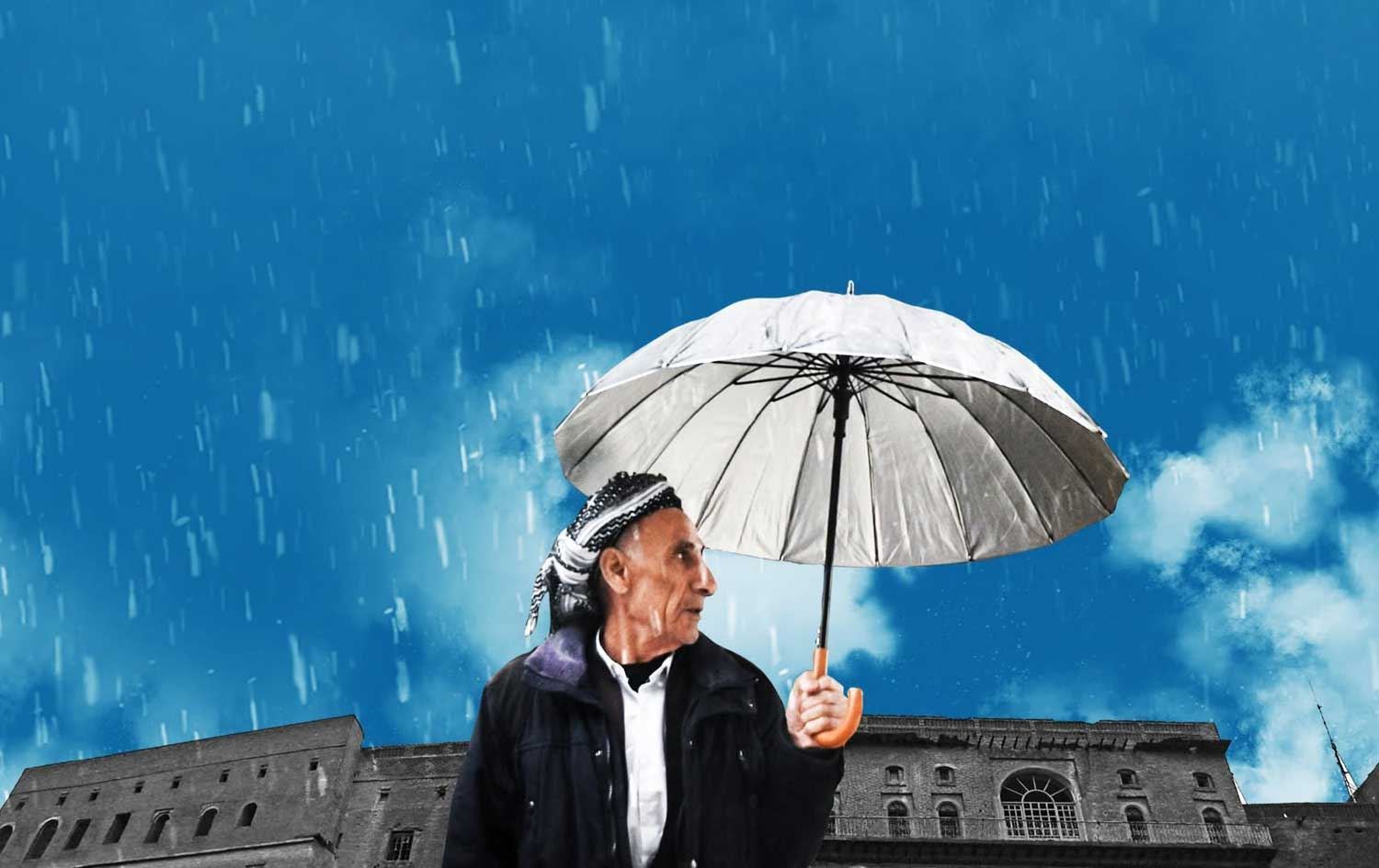 وێنەیەکی گرافیکیی کە پیاوێکی بەتەمەن تێیدا چەترێکی بەدەستەوە گرتووە