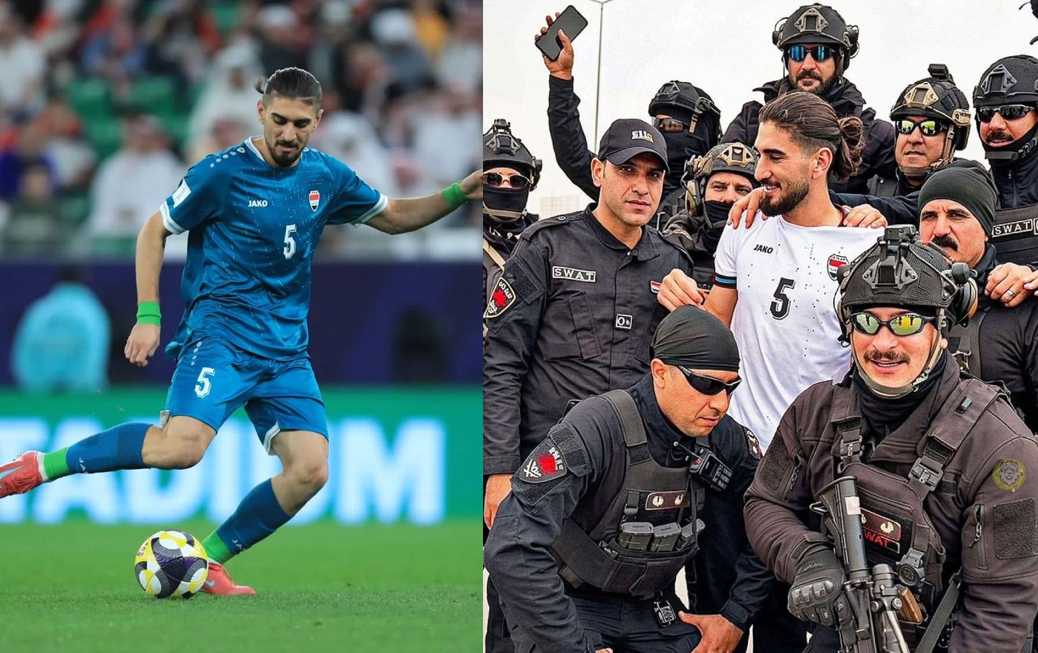 اللاعب الكوردي اكام هاشم محاطاً بمعجبيه من القوات الامنية