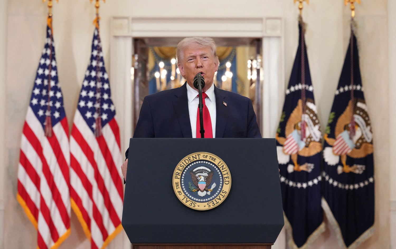 US President Donald Trump speaking during a televised address on the conflict in the Middle East in the White House, Washington, DC on April 1, 2026. Photo: Alex Brandon / AFP