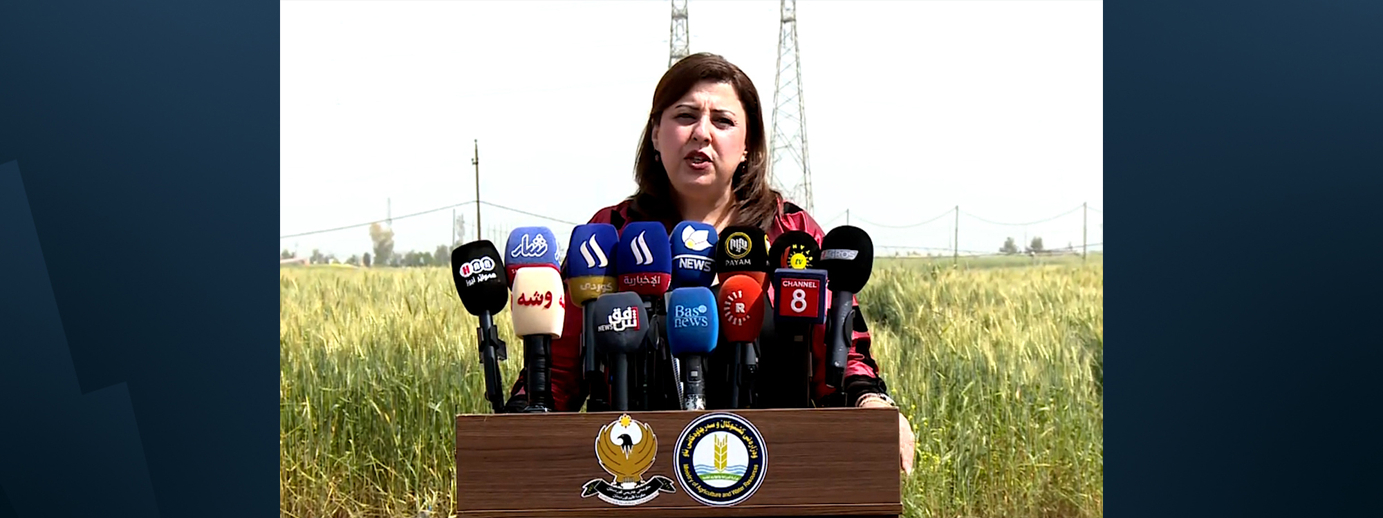Begard Talabani, the Kurdistan Region's agriculture minister, delivers a press conference in Erbil on May 5, 2026.  Photo: Screengrab/Rudaw