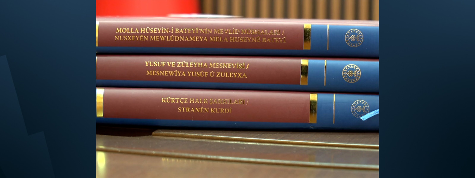 Three volumes of the 15-volume Aleksandr Jaba Collection at Artuklu University in Mardin. Photo: Screengrab/Rudaw