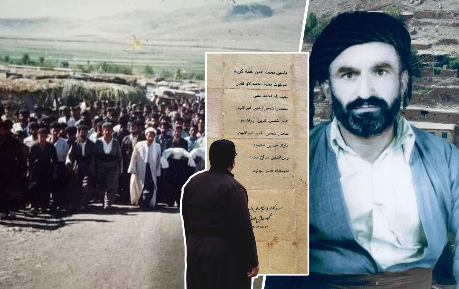 Handout photos show a protest in Halabja province, Kurdistan Region, in May 1987 (left), a monument displaying the names of victims (center), and a portrait of Yaseen Mohammed Amin Zellmi (right). Photos: Momen Zellmi