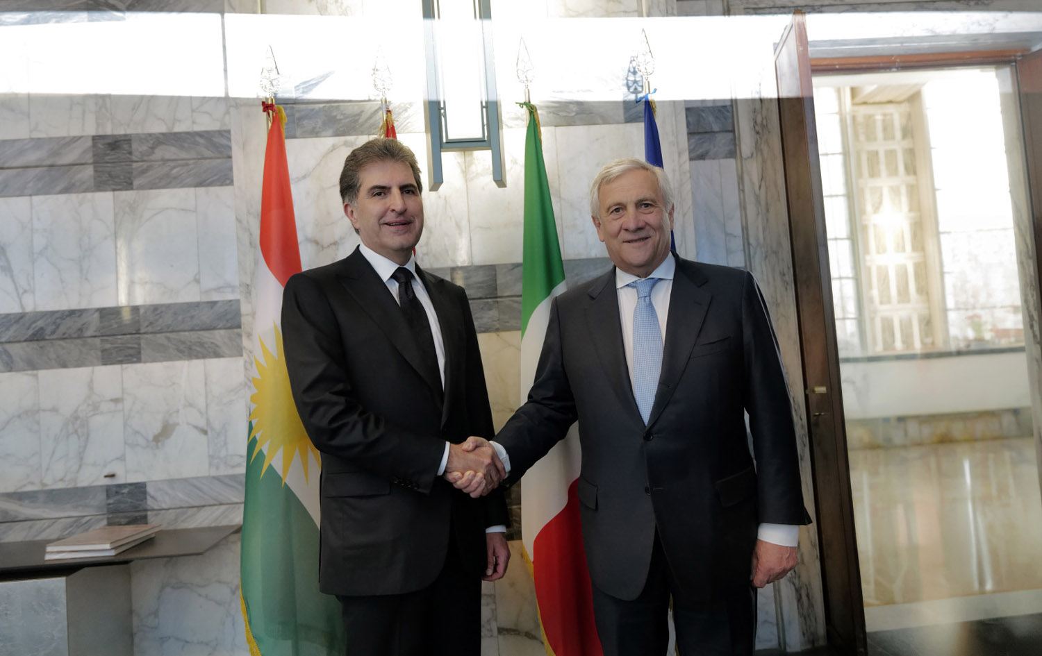 پێشوازیی ئەنتۆنیۆ تایانی، جێگری سەرۆکوەزیران و وەزیری دەرەوەی ئیتاڵیا لە نێچیرڤان بارزانی، سەرۆکی هەرێمی کوردستان